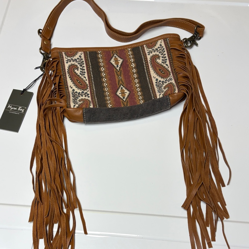 Myra Bag Tan and Brown Fringe Crossbody Mojave Paisley S-6735